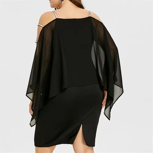 Vista 2 de NIUQI Vestido de noche de gasa de color sólido para mujer con lentejuelas y hombros descubiertos cuello redondo manga capa