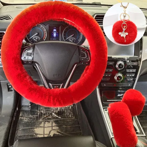 Vista 9 de ZYNQACC Juego de 4 fundas esponjosas para volante con funda para freno de mano, funda para palanca de cambios y llavero de felpa de lana sintética