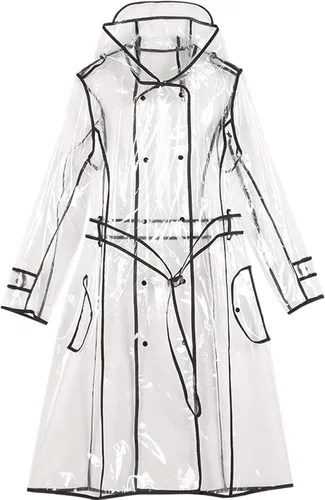 Vista 2 de Yuyeran Chaqueta impermeable transparente para mujer, impermeable transparente de EVA con cinturón, impermeable, ligera, impermeable, (negro), Negro