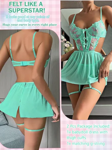 Vista 4 de popiv Conjunto de lencería sexy de encaje para mujer, lencería floral de malla con pajarita