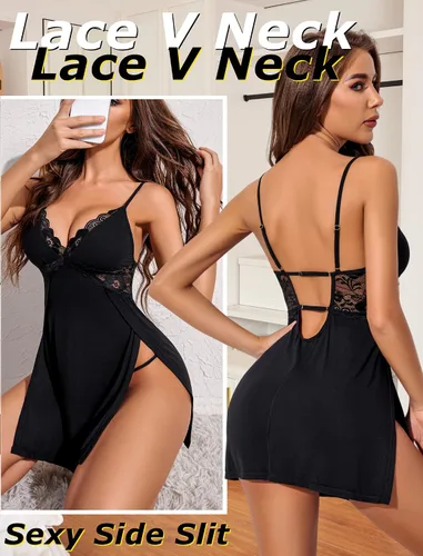 Vista 4 de Avidlove Lencería de encaje para mujer, camisón sexy, babydoll modal con abertura lateral, ropa de dormir