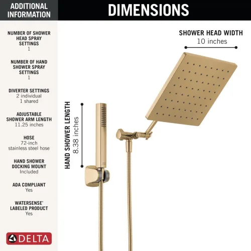 Vista 6 de Delta Faucet - Conjunto de regadera tipo lluvia de 10 pulgadas y ducha de mano, regadera cuadrada dorada, de efecto lluvia, ducha de mano, de alta