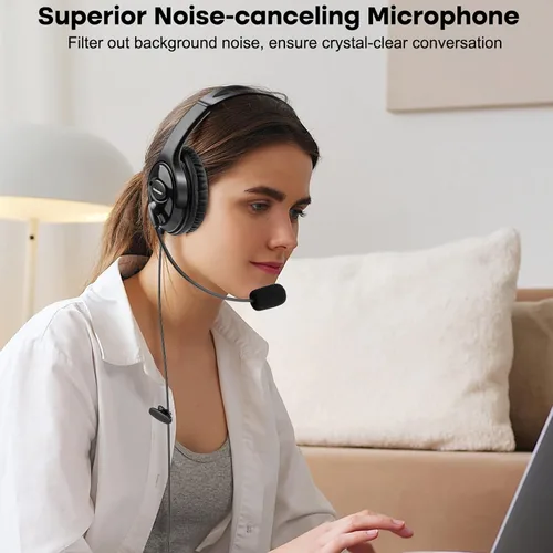 Vista 2 de MKJ Auriculares USB con micrófono de cancelación de ruido, auriculares de oficina con sonido cristalino, auriculares duraderos para computadora