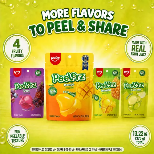 Vista 3 de AMOS Peelerz - Paquete variado de gomitas pelables, sabor mango, uva, manzana verde y piña, hecho con jugo de fruta real, 4 bolsas, 13.22 oz (375 g)
