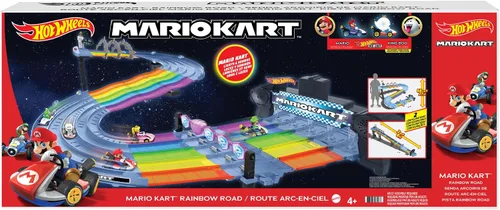 Vista 7 de Juego de pista de carreras Hot Wheels Mario Kart Rainbow Road de 8 pies con luces y sonidos y 2 vehículos a escala 1:64, carrera con curso colorido