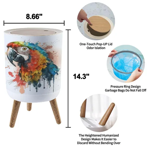Vista 3 de Bote de basura pequeño con tapa para baño, cocina, oficina, bozal de guacamayo, acuarela, colorido, para dormitorio, basura, cesta de basura a
