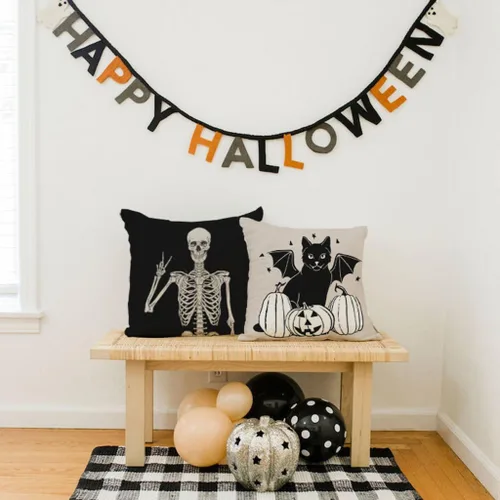 Vista 6 de PANDICORN Juego de 4 fundas de almohada de Halloween de 16 x 16 pulgadas, diseño de esqueleto de gato negro, perro, fantasma, calabaza, decoración