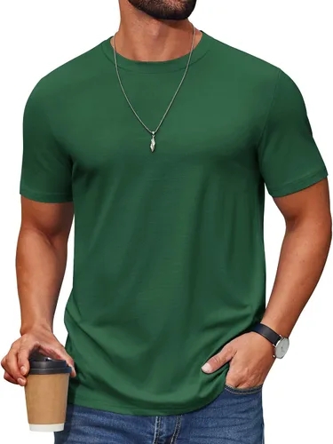 Vista 16 de COOFANDY Camiseta de manga corta para hombre, de mezcla de algodón, cuello redondo, informal, para verano, básica Verde militar