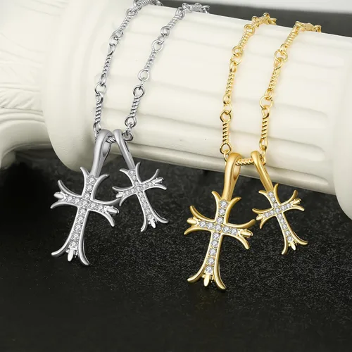 Vista 5 de Collar de cruz de diamante completo chapado en oro de 14 quilates para hombres y mujeres, collar de doble cruz, perfecto para lugares de negocios