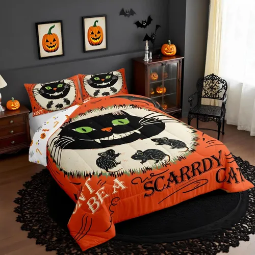 Vista 22 de Feelyou Juego de edredón de calabaza para todas las estaciones, decoración de Halloween, juego de ropa de cama con 1 funda de almohada, microfibra