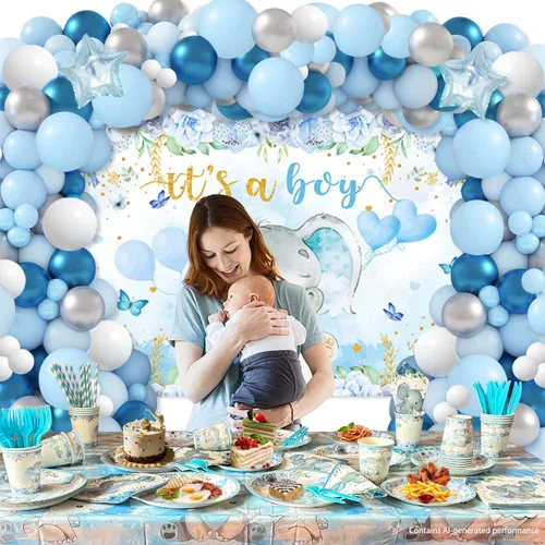 Vista 3 de Decoraciones de elefante para baby shower para niño, 224 piezas de suministros azules para baby shower (20 invitados), incluye plato de papel