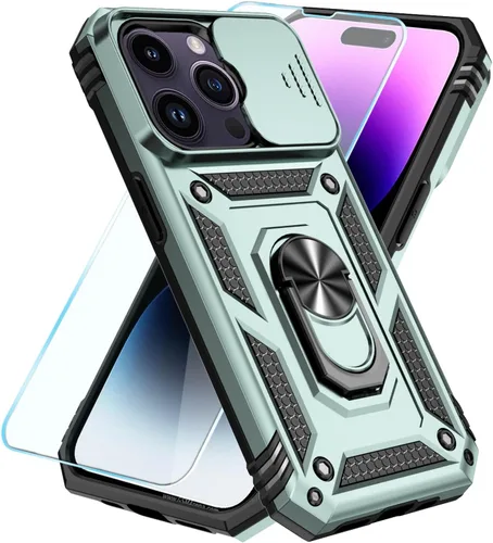 Vista 8 de SunStory Compatible con iPhone 13 Case/iPhone 14 Case con Protector de Pantalla HD y Cubierta de Cámara Deslizante y Soporte de Anillo Giratorio