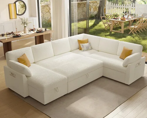 Vista 18 de AMERLIFE Sofa Bed, Sleeper Sofa with Storage Chaise, Convertible Sofa Bed with Pull Out Couch, l Shaped Couch for Living Room, Guest Room, Boucle
