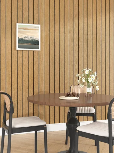 Vista 3 de Paneles de madera marrón para despegar y pegar, panel de listones de pared de madera sintética acústica con textura 3D, autoadhesivo, insonorizado