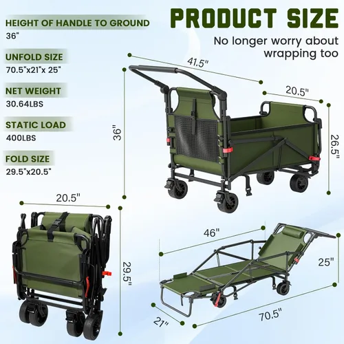 Vista 2 de LEVELEVE Vagón Plegable de Servicio Pesado - Carrito Plegable 2 en 1, Capacidad de 400 libras, Ruedas Todo Terreno con Frenos y Bolsillos Laterales