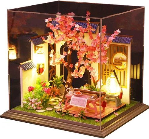 Vista 2 de Roroom Kit de casa de muñecas en miniatura y muebles, mini casa de muñecas de madera 3D, modelo artesanal estilo chino con cubierta a prueba