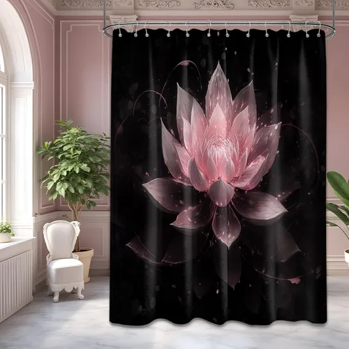 Vista 29 de Cortina de ducha con flores de loto negro y azul para decoración de baño, juego de cortinas decorativas de baño con estampado floral, tela
