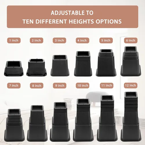 Vista 7 de 28 PCS Elevadores de Cama Ajustables de 12 Pulgadas Resistentes, Elevadores de Muebles con Elevación en Alturas de 1, 2, 3, 4, 5, 6, 7, 8, 9, 10