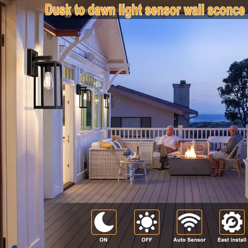 Vista 2 de SHINE HAI Farol de pared para exteriores del atardecer al amanecer, lámpara con sensor exterior con toma de base E26, aplique de pared impermeable