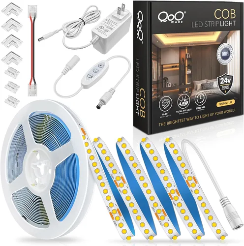 Vista 11 de Tira de luces LED COB blancas, 16.4 pies, regulable, 4000 K, blanco natural, 910 LED de 24 V, luces LED flexibles para dormitorio, cocina, luces