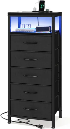 Vista 13 de Sweetcrispy Mesita de noche con estación de carga, mesa auxiliar con 3 cajones de tela, puertos USB y tipo C con salidas de CA, pies ajustables