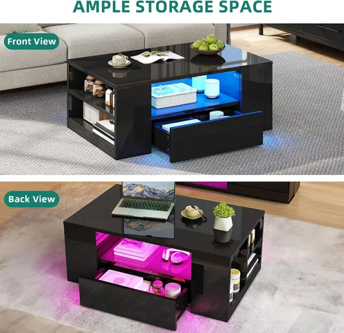 Vista 4 de Mesas de centro LED modernas YITAHOME para sala de estar Wood Center Table with 2 Storage Drawers, Open Shelves, High Gloss Finish, LED Lighting