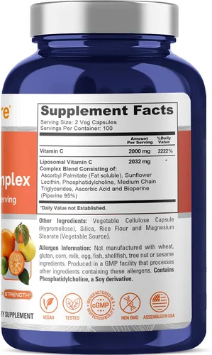 Vista 2 de NusaPure Vitamina C liposomal 2032mg - 200 cápsulas veganas vegetarianas, BioPerine - Ácido ascórbico de alta absorción