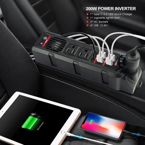 Vista 7 de Inversor de corriente para automóvil de 200 W CC 12 V a 110 V CA – Dos salidas de CA, 4 USB-A (4.8 A) y 18 W USB-C PD carga rápida, enchufe extra