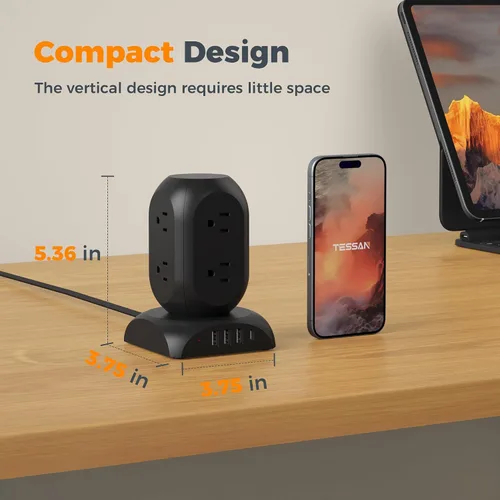 Vista 5 de Protector de sobretensiones negro en torre, TESSAN - Cable de extensión con enchufe plano de 10 pies con 8 salidas de CA y 4 puertos USB (1 USB C)