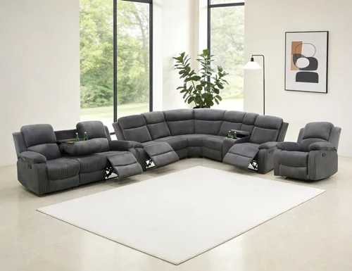 Vista 17 de Juego de sofá seccional reclinable manual, juegos de muebles de sala de estar, sofá seccional en forma de L y 2 sillas, cómodo sofá reclinable