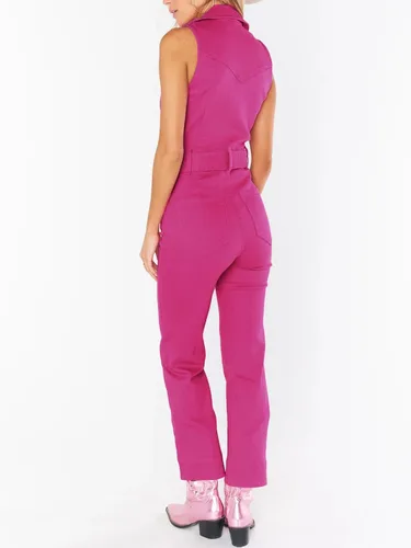 Vista 3 de PLNOTME Overol de mezclilla sin mangas para mujer, con cremallera, con cinturón, pierna recta, pantalones de mezclilla largos