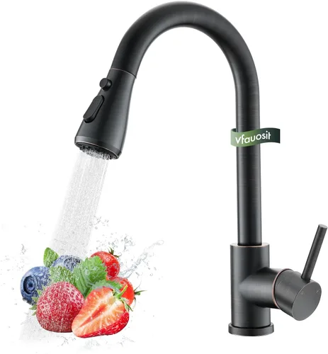 Vista 23 de VFAUOSIT - Grifo de cocina con rociador extraíble, grifo de fregadero de cocina sin plomo, níquel cepillado, acero inoxidable, arco alto, extracción