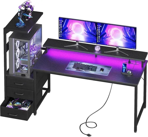 Vista 11 de AODK Escritorio para juegos de 52 pulgadas con puertos de carga USB y luz LED, escritorio reversible para computadora con estantes de almacenamiento