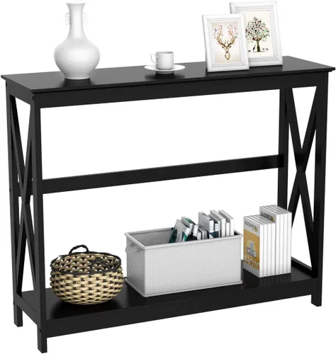 Vista 4 de Topeakmart Sofá consola, mesa de entrada de 2 niveles con estante de almacenamiento, mesa de sofá estrecha para entrada, pasillo, sala de estar