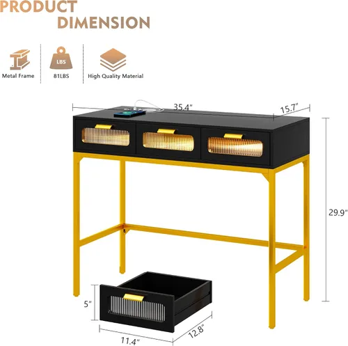 Vista 6 de Gurexl Escritorio LED de maquillaje con luces, juego de tocador con estación de carga, tocador LED con 3 cajones de almacenamiento para dormitorio