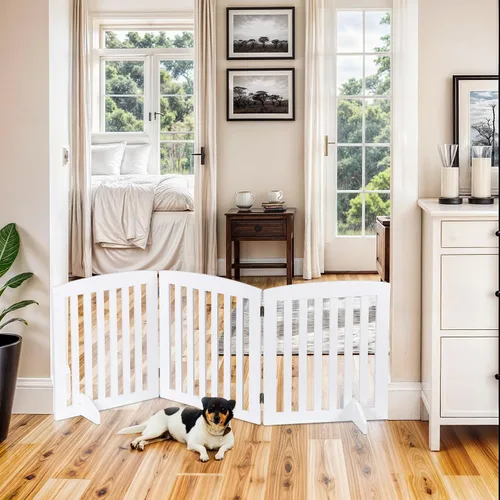 Vista 8 de ZENY Puerta para mascotas de 24 pulgadas, puerta plegable independiente para perros de 3 paneles, forma en Z, color blanco, valla de madera