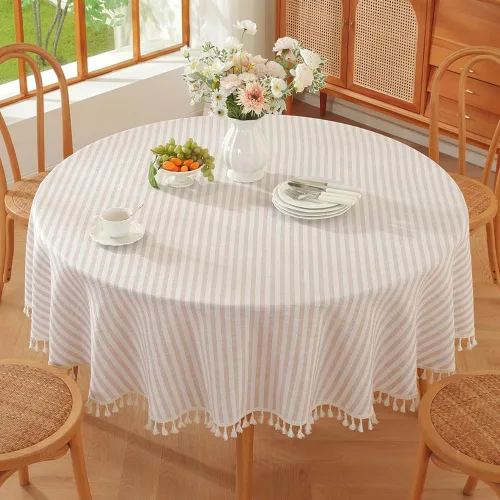 Vista 14 de TruDelve Mantel Cuadrado de Algodón para Mesas, Manteles a Rayas Beige para Exteriores, Mantel de Otoño para Picnic (Beige, 55"x55", Cuadrado)