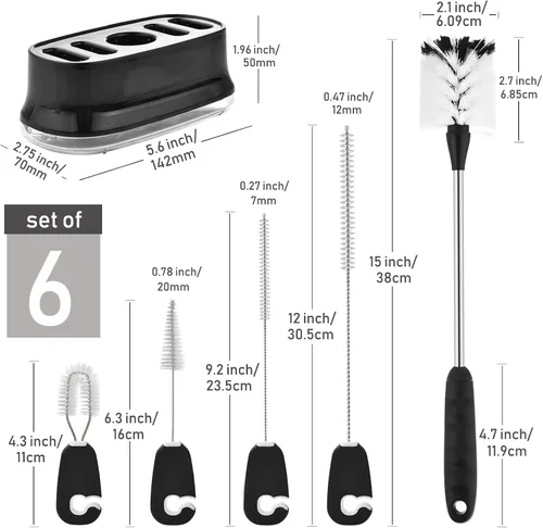 Vista 2 de ALINK Juego de 5 cepillos de limpieza para botellas con soporte, limpiador de botellas con soporte, cepillo para tapa de pezón para Stanley, Yeti