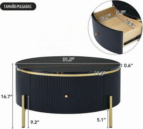 Vista 2 de Mesa de centro redonda moderna con 2 cajones grandes para sala de estar, color negro (31.5 pulgadas)