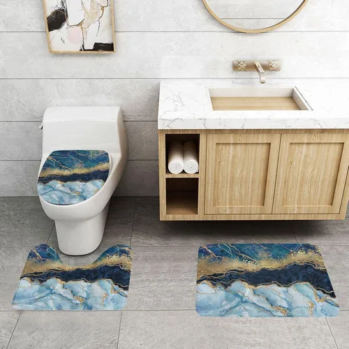 Vista 3 de Evealyn Juego de 3 tapetes de baño antideslizantes y absorbentes para baño, color azul marino, juego de alfombras de ducha para baño, dormitorio