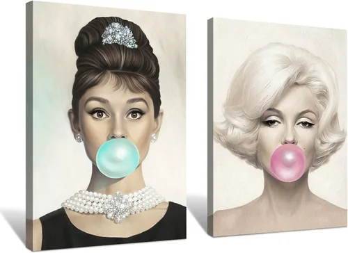 Vista 12 de Denozer Arte de pared en lienzo de 3 paneles con retrato de belleza de Marilyn Monroe, Audrey Hepburn y Brigitte Bardot, impresiones de cuadros