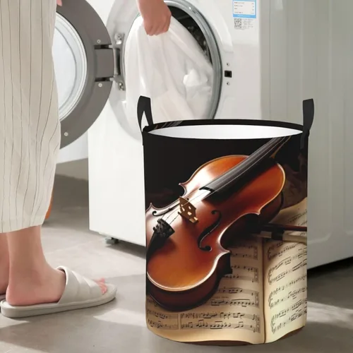 Vista 7 de Cesta circular con estampado de violín y libro, impermeable, cesta organizadora de lavandería, con asas, para ropa, juguetes, pequeña