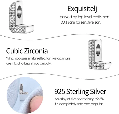 Vista 5 de Pandach Alphabet Initial Charms Letter Complete A-Z Letters Solid Silver Cubic Zircons Beads Dangle Pendants for European Bracelets Necklace Women
