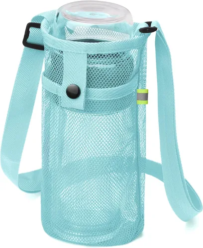 Vista 26 de Bolsa grande para botella de agua con correa, soporte de malla grande para botella de agua, correa para el hombro y bolsillo, soporte ligero