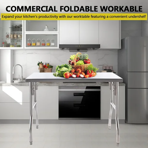 Vista 2 de Mesa de trabajo de acero inoxidable, mesa de trabajo plegable de 48 x 30 pulgadas, mesa plegable de alta resistencia con carga de 661 libras, mesa