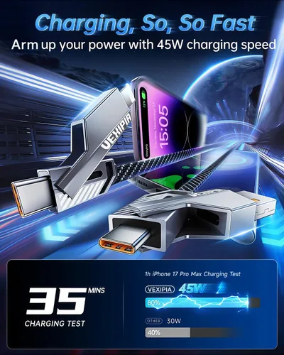 Vista 4 de Cable USB C ultra corto 4 en 1 de 0.6 pies compatible con cable Lightning [carga rápida y transferencia de datos] cable de carga plano trenzado