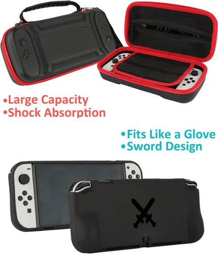 Vista 4 de Accesorios para Nintendo Switch OLED Arisll Family Bundle Estuche de transporte y protector de pantalla paquete de 4 agarres Joy Con y volantes