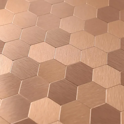 Vista 3 de Azulejos hexagonales para despegar y pegar, panel de textura de aluminio cepillado de cobre claro, azulejos de mosaico autoadhesivos para cocina