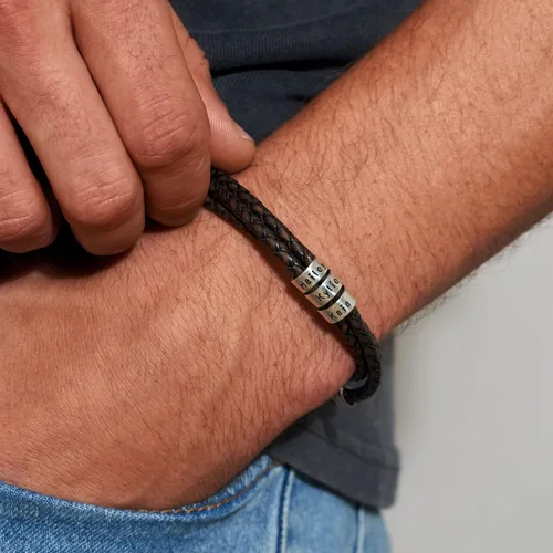 Vista 6 de Sett&Co - Personalized "Quest" BrownBlack Leather Bracelet With Up To 7 Custom Beads With Inscription - Sterling Silver 0.925, 18K Gold Plated
