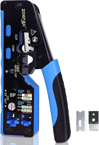 Vista 10 de Herramienta de crimpado RJ45, kit de herramientas de crimpado Cat7 Cat6 Cat5 con cortador de alambre, probador de cables de red, mini pelacables